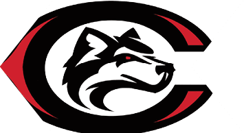 A stylized black and white husky head with a red eye is centered inside a large black and red letter C. Description generated by AI