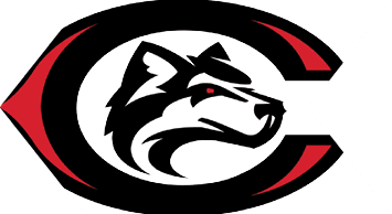 A stylized black and white wolf head with a red eye is centered inside a large black and red letter C. Description generated by AI