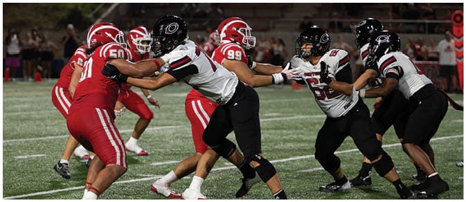 People wearing football uniforms in red and white are engaged in a play on a green field during a game. Description generated by AI