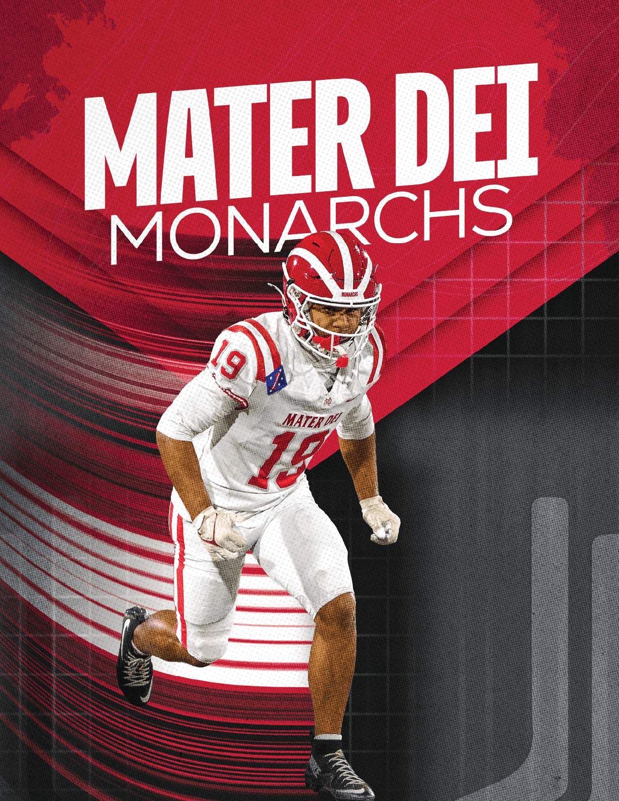 An adult in a white and red football uniform with the number 19 is running on a dynamic red and black background with the text “Mater Dei Monarchs" above. Description generated by AI