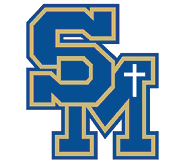 Blue and gold stylized letters “SM" with a white cross integrated into the design. Description generated by AI