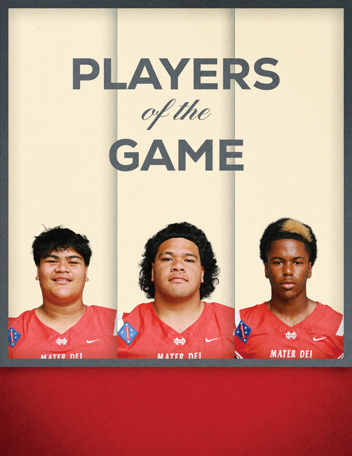 Three people wearing red sports jerseys with the text “Players of the Game" above them. Description generated by AI