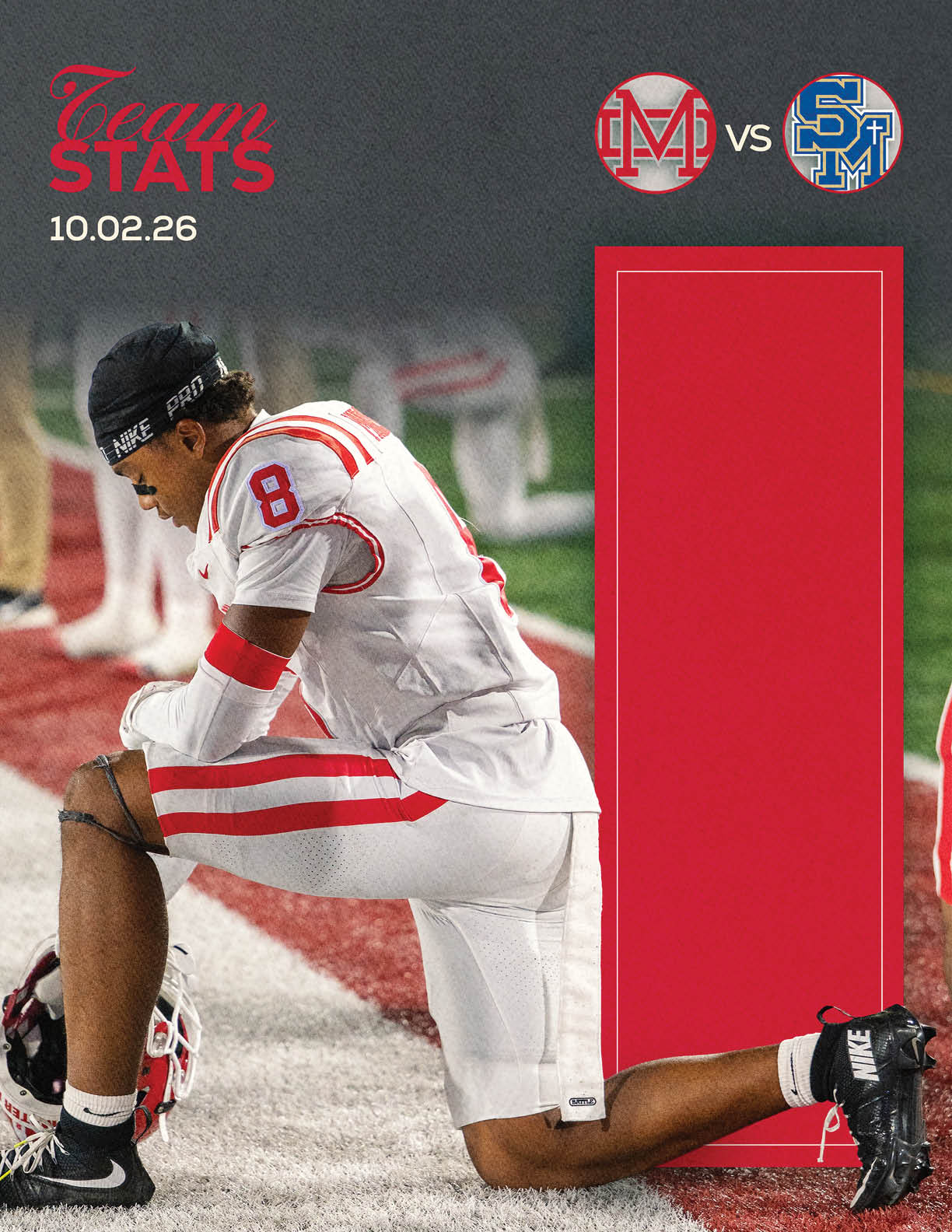 A person wearing a white and red football uniform kneels on one knee on a field with a helmet on the ground beside them, with team logos and the date 10.02.26 displayed above. Description generated by AI