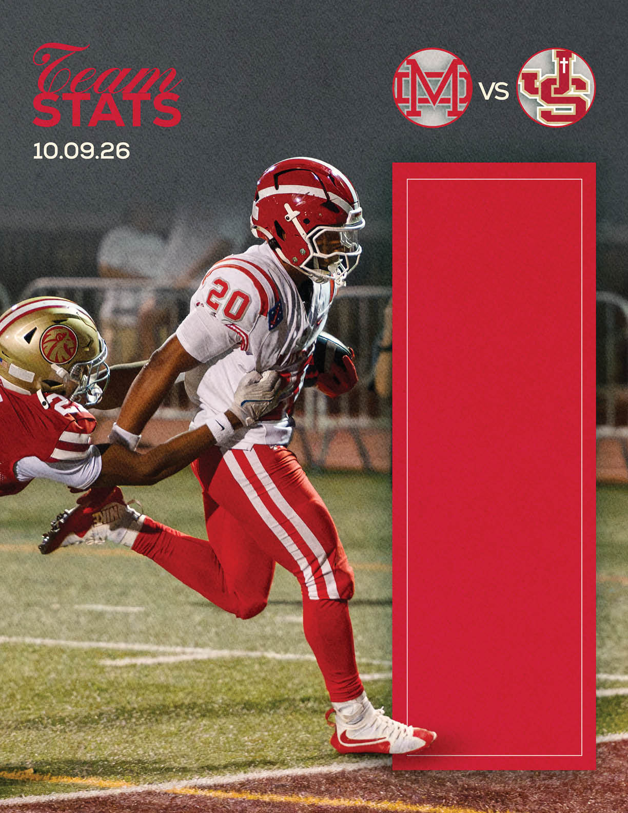A person in red and white football gear is running with the ball while another person in red and gold football gear attempts to tackle them on a field with a dark background and team logos above. Description generated by AI
