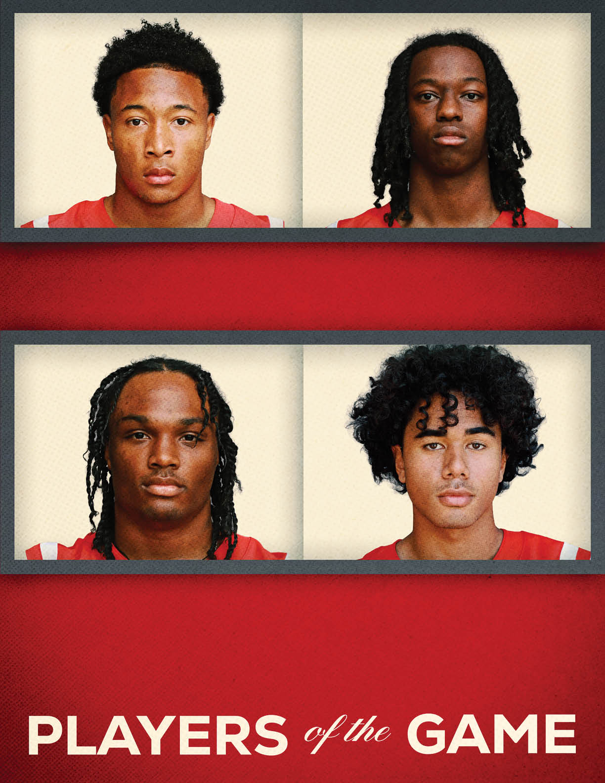 Four adults wearing red sports jerseys are shown in a grid layout above the text “PLAYERS of the GAME" on a red background. Description generated by AI