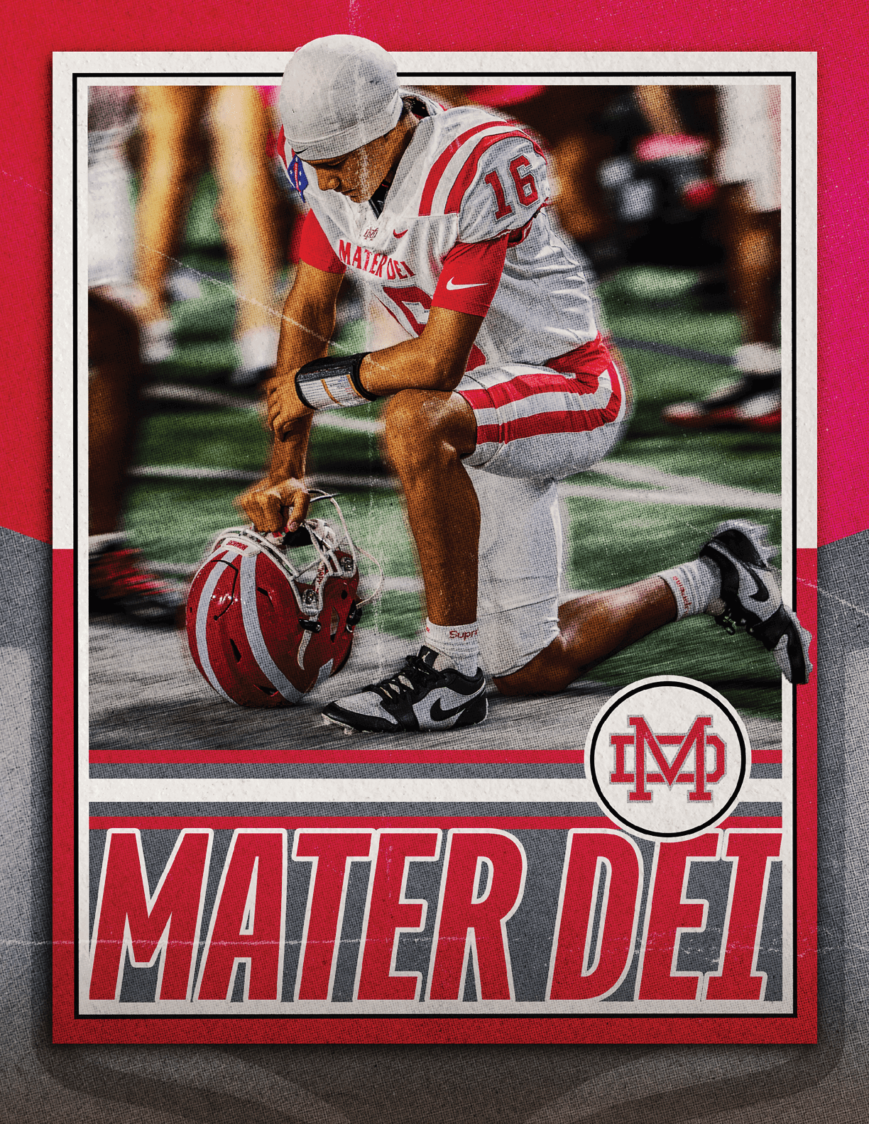 A person in a white and red football uniform kneels on one knee on a field while holding a red and white helmet, with the text “MATER DEI" and a logo displayed below. Description generated by AI