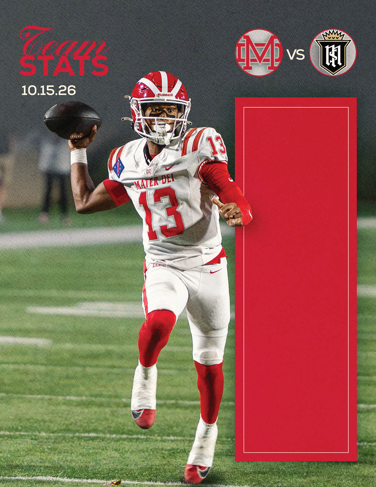 A person in a football uniform is preparing to throw a football on a field with team logos and the date 10.15.26 displayed in the background. Description generated by AI