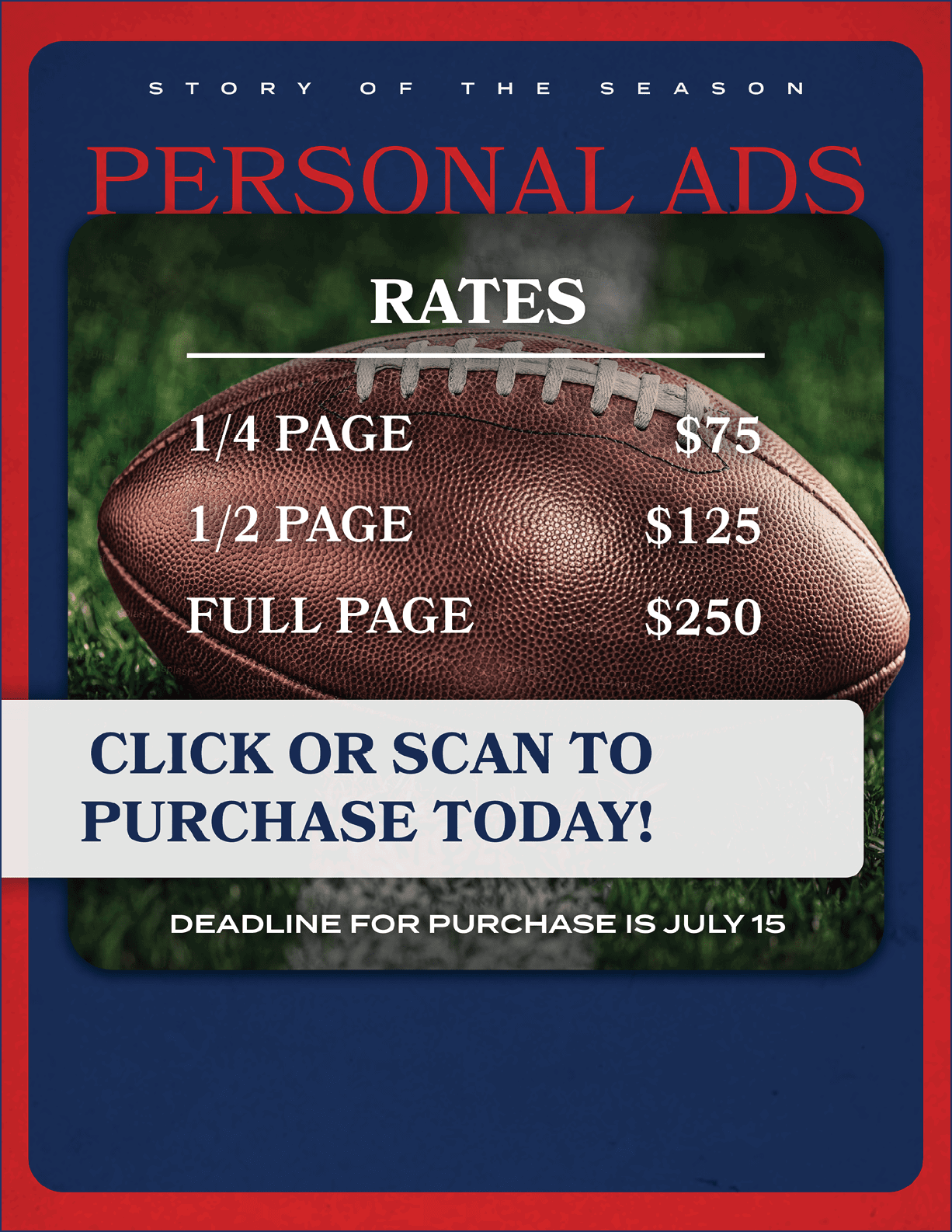 A football is shown on a sign advertising personal ad rates. AI generated content