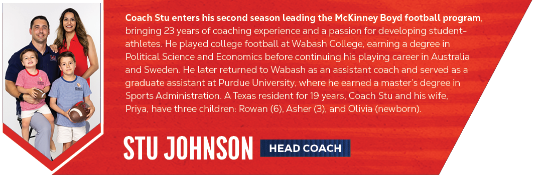 head coach,stu johnson,Coach Stu enters his second season leading the McKinney Boyd football program, bringing 23 yea...