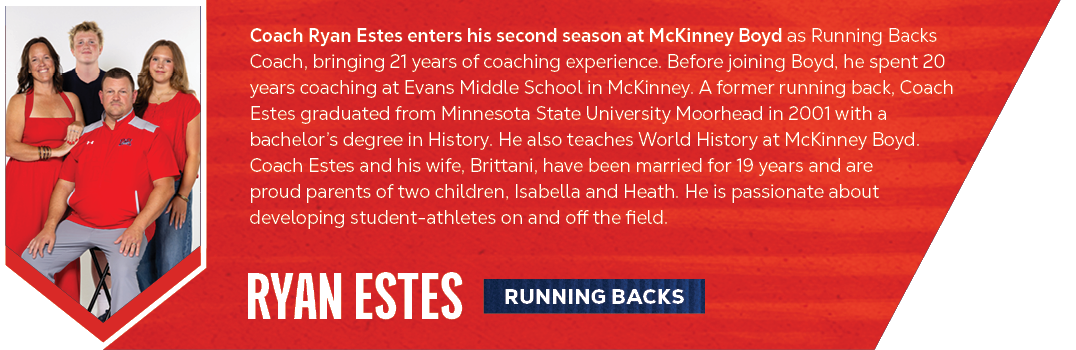 Running Backs,ryan estes,Coach Ryan Estes enters his second season at McKinney Boyd as Running Backs Coach, bringing ...