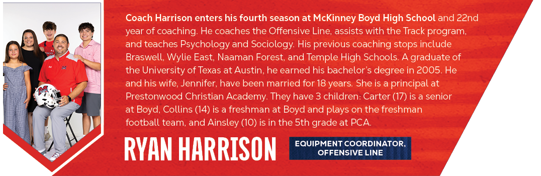 ryan harrison,Coach Harrison enters his fourth season at McKinney Boyd High School and 22nd year of coaching. He coac...