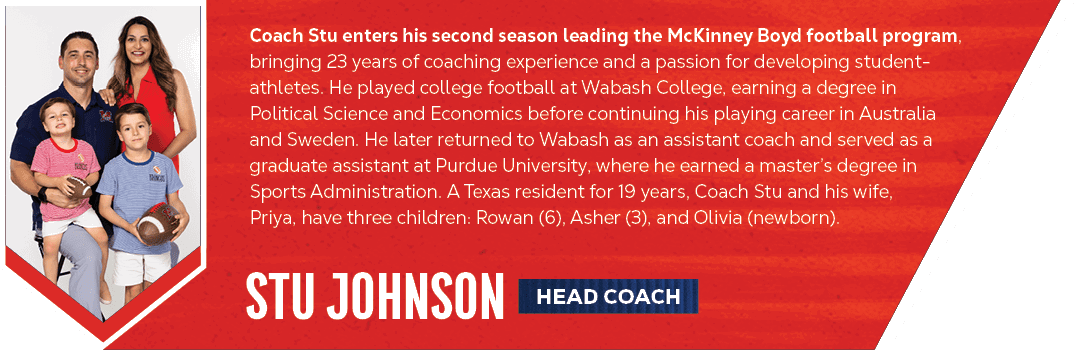 head coach,stu johnson,Coach Stu enters his second season leading the McKinney Boyd football program, bringing 23 yea...