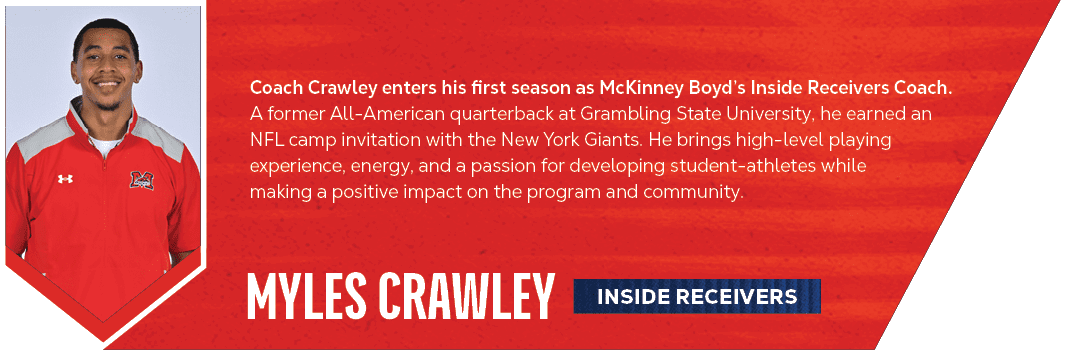 Inside Receivers ,myles crawley, Coach Crawley enters his first season as McKinney Boyd’s Inside Receivers Coach. A f...