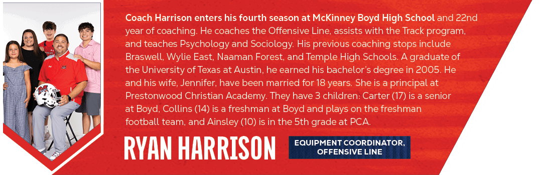 ryan harrison,Coach Harrison enters his fourth season at McKinney Boyd High School and 22nd year of coaching. He coac...