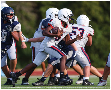 A football player running on the field. Description generated by AI