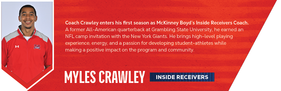 Inside Receivers ,myles crawley, Coach Crawley enters his first season as McKinney Boyd’s Inside Receivers Coach. A f...