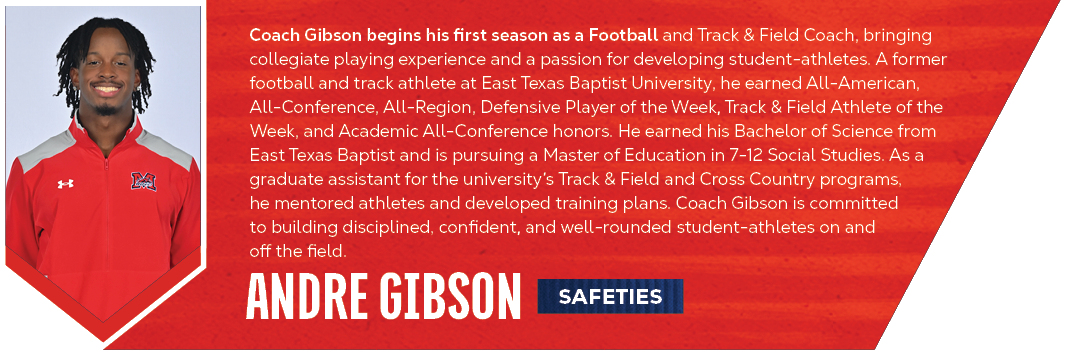 Safeties,andre gibson,Coach Gibson begins his first season as a Football and Track & Field Coach, bringing collegiate...