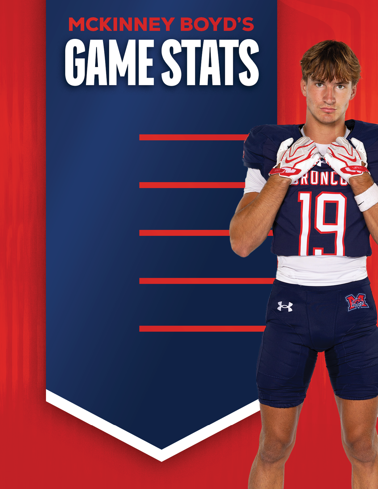 A football player wearing a blue and red jersey. Description generated by AI