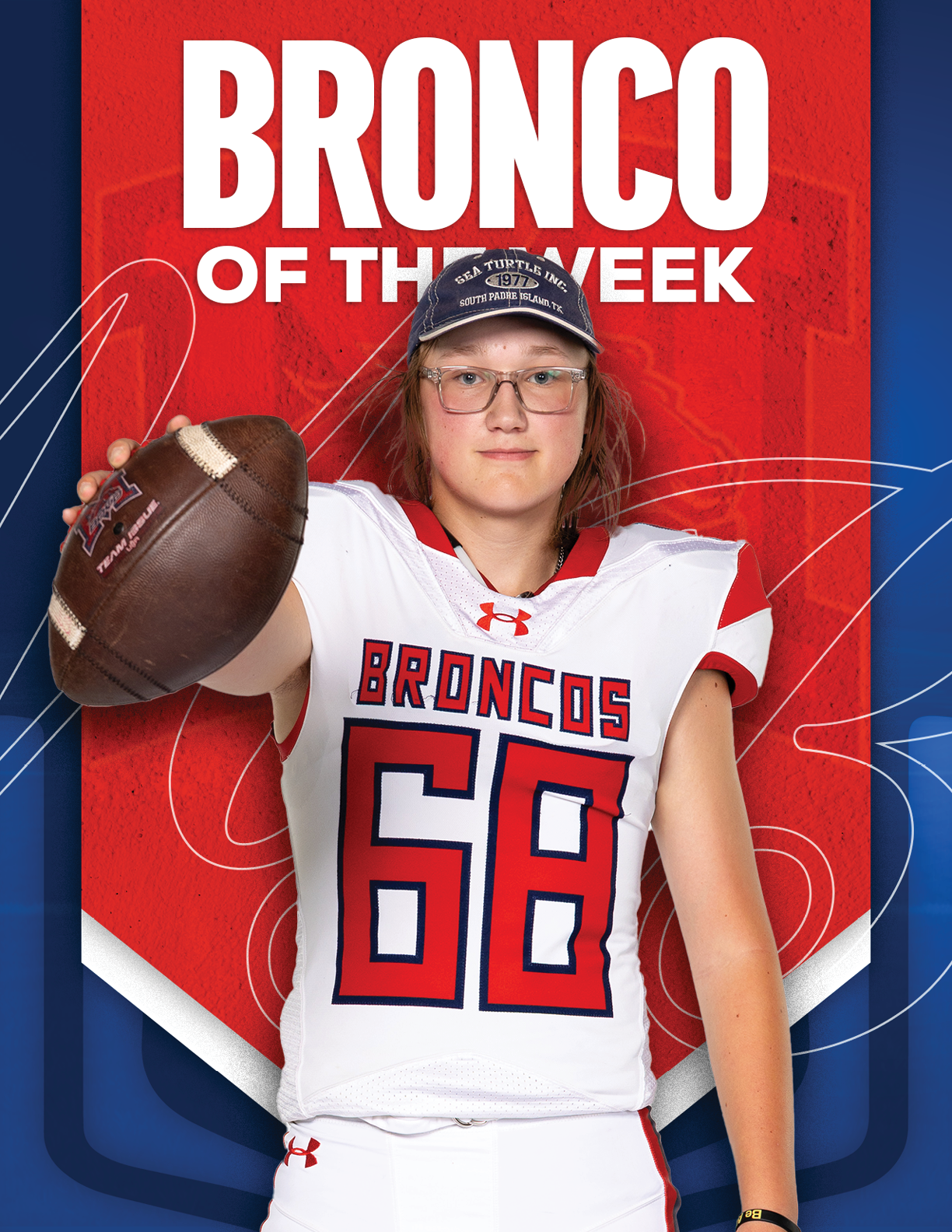 A football player wearing a blue and red jersey with the number 15 on it. Description generated by AI