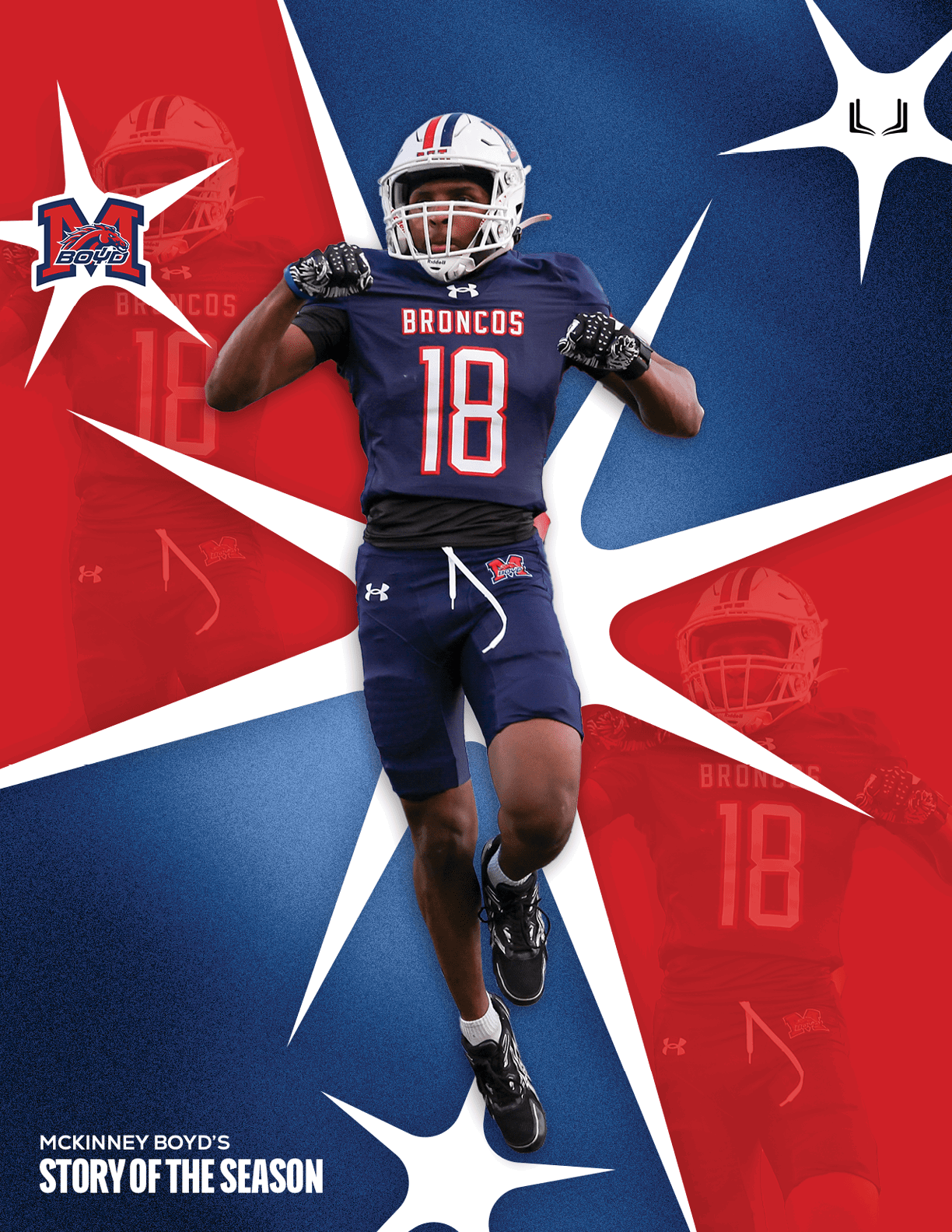 A football player wearing a blue and white uniform. Description generated by AI