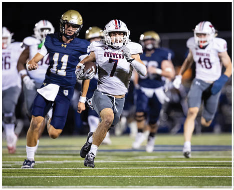 A football player running on the field. Description generated by AI