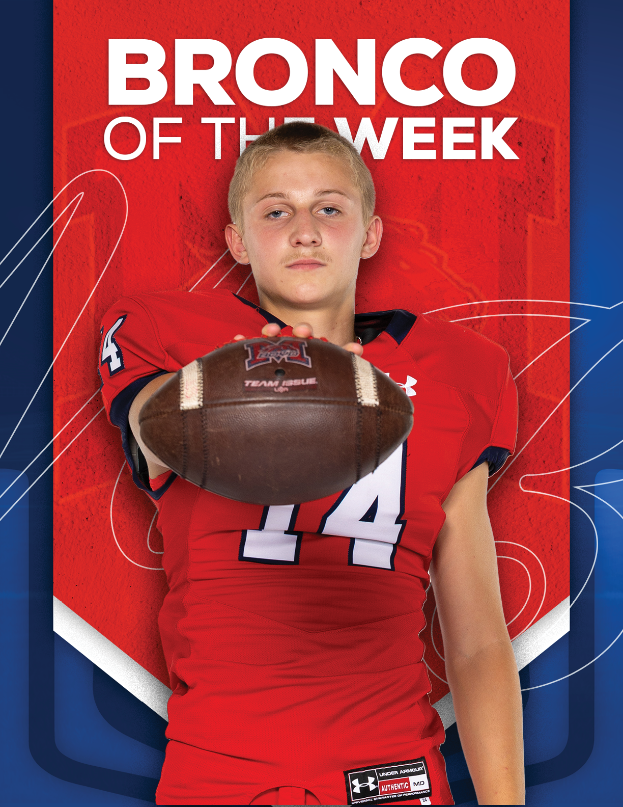 A football player wearing a blue and red jersey with the number 15 on it. Description generated by AI