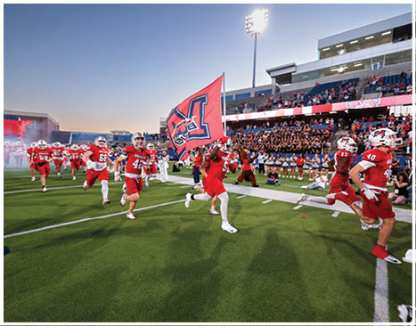 A football player running on the field. Description generated by AI