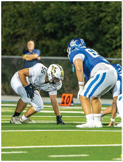 A football player wearing a blue and white uniform. Description generated by AI
