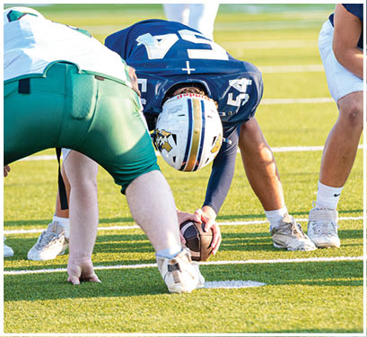 A group of football players huddled together on the field. Description generated by AI