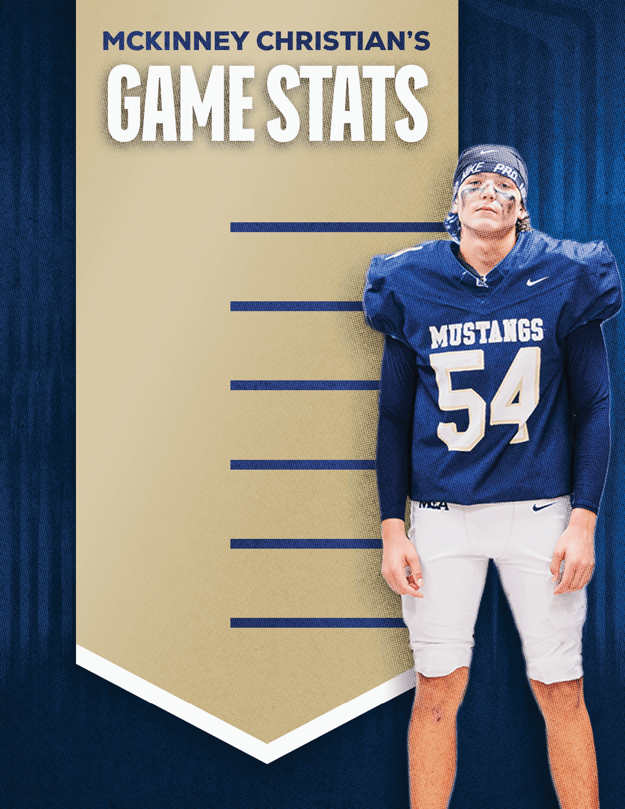 A football player wearing a blue and red jersey. Description generated by AI