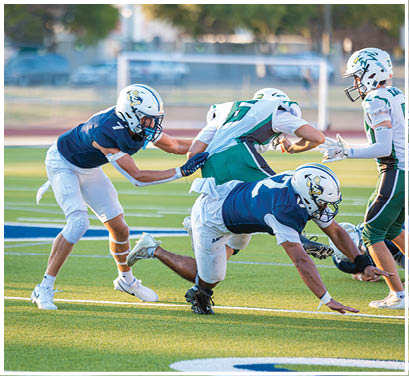 A group of football players huddled together on the field. Description generated by AI