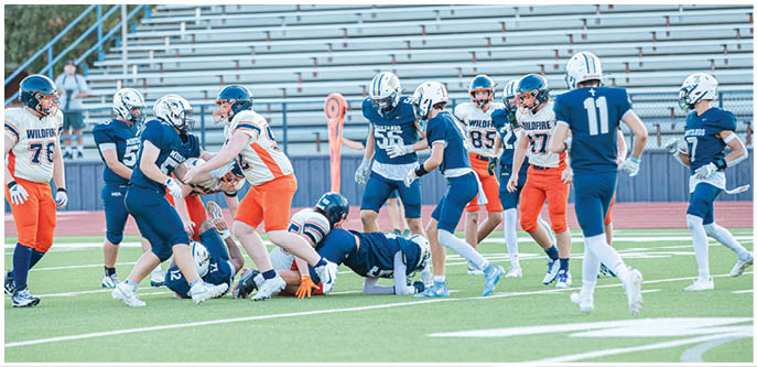 A group of football players on a field. Description generated by AI