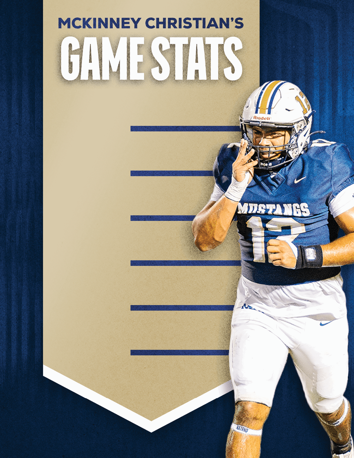 A football player wearing a blue and red jersey. Description generated by AI