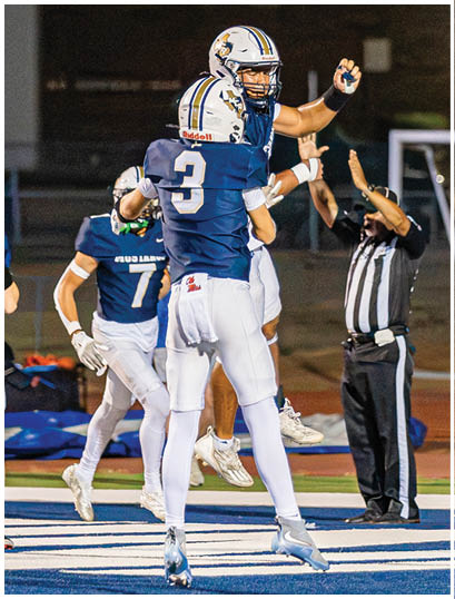 A football player wearing a blue and white uniform. Description generated by AI