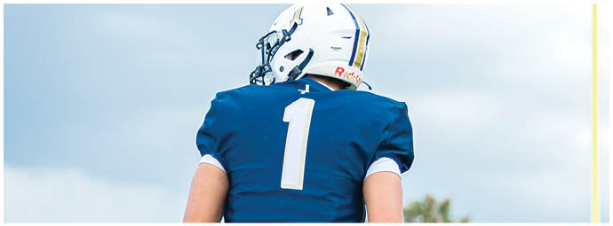A football player wearing a blue and white uniform. Description generated by AI