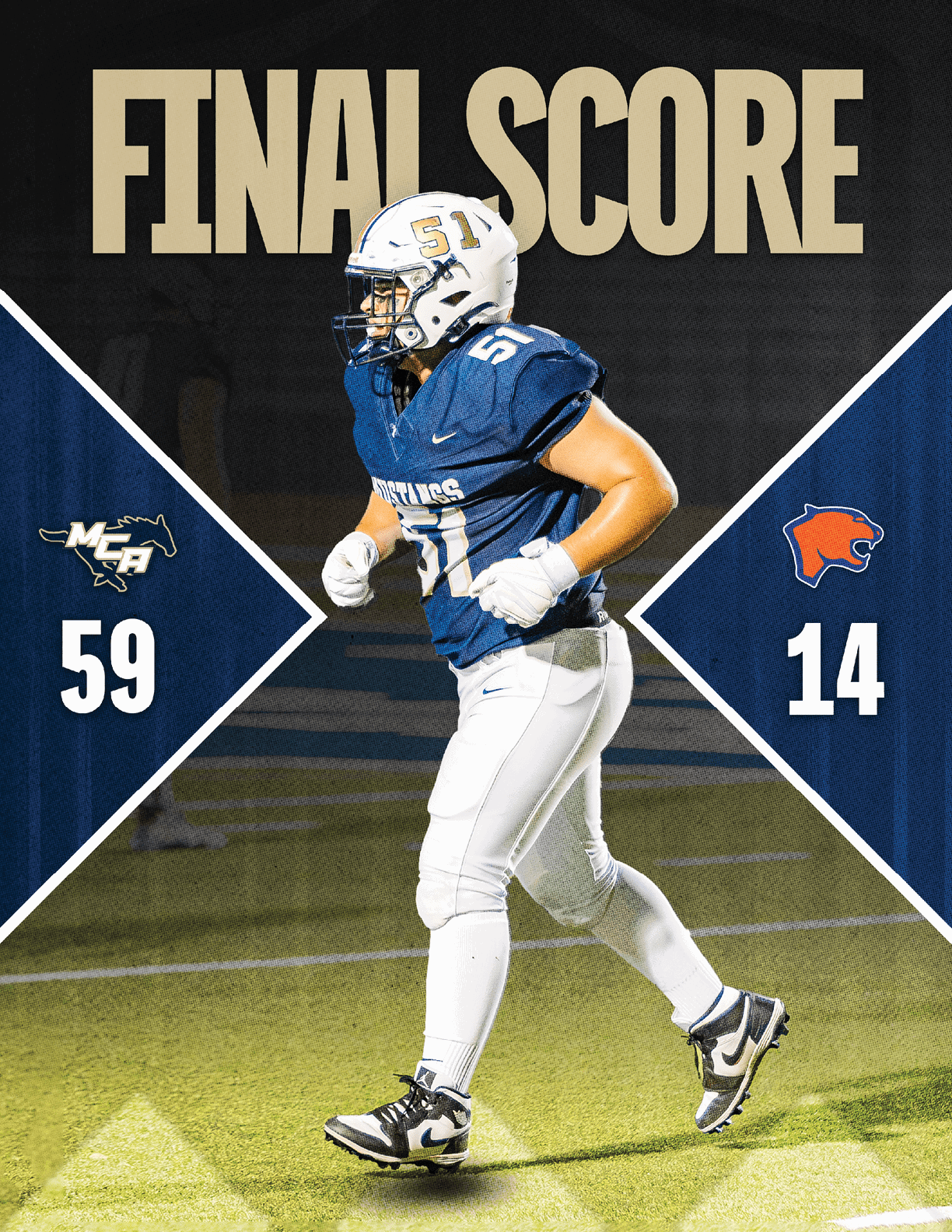 A person in a football uniform celebrating on a field with a final score graphic showing the Wildcats defeating the Cardinals. Description generated by AI