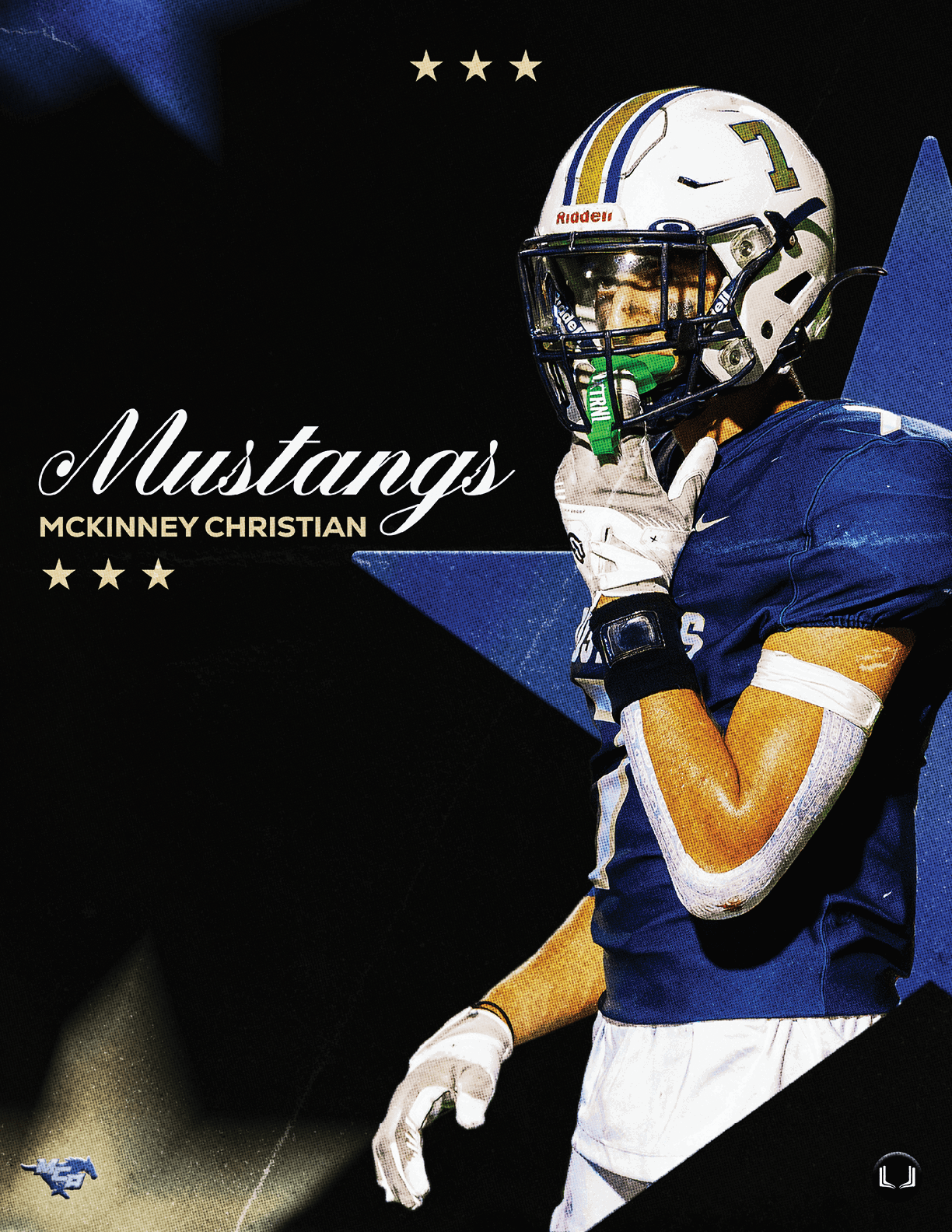 A football player wearing a blue and white uniform. Description generated by AI
