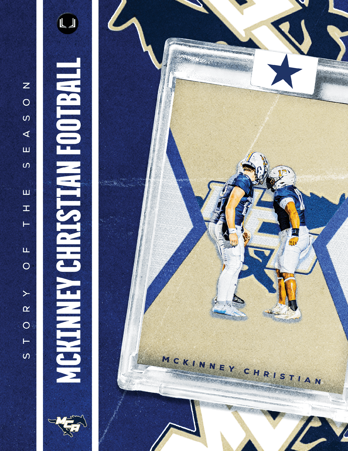 A blue and white card with a football player on it. Description generated by AI