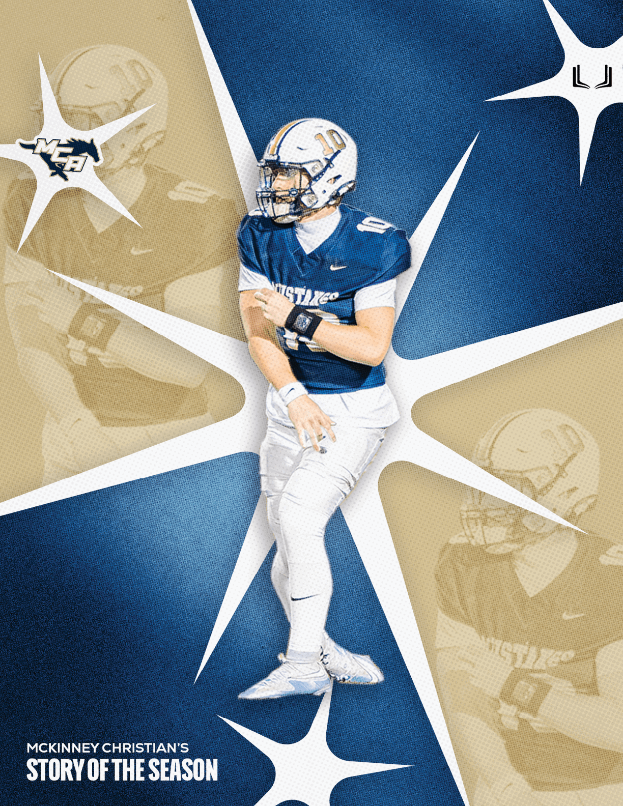 A blue and white card with a football player on it. Description generated by AI