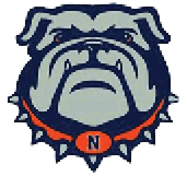 A bulldog mascot with a blue and orange necklace. Description generated by AI