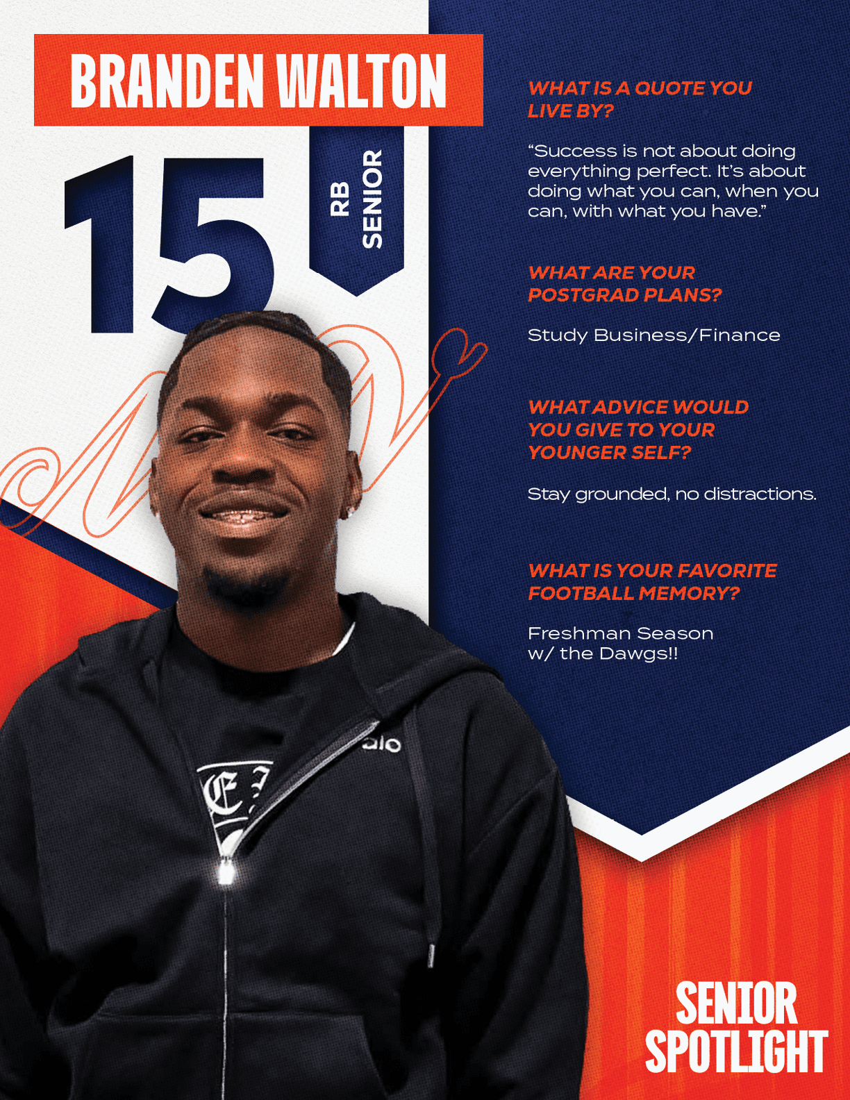A football player wearing a blue and white jersey with the number 15 on the back. Description generated by AI