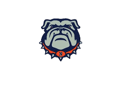 A bulldog mascot with a blue and orange necklace. Description generated by AI