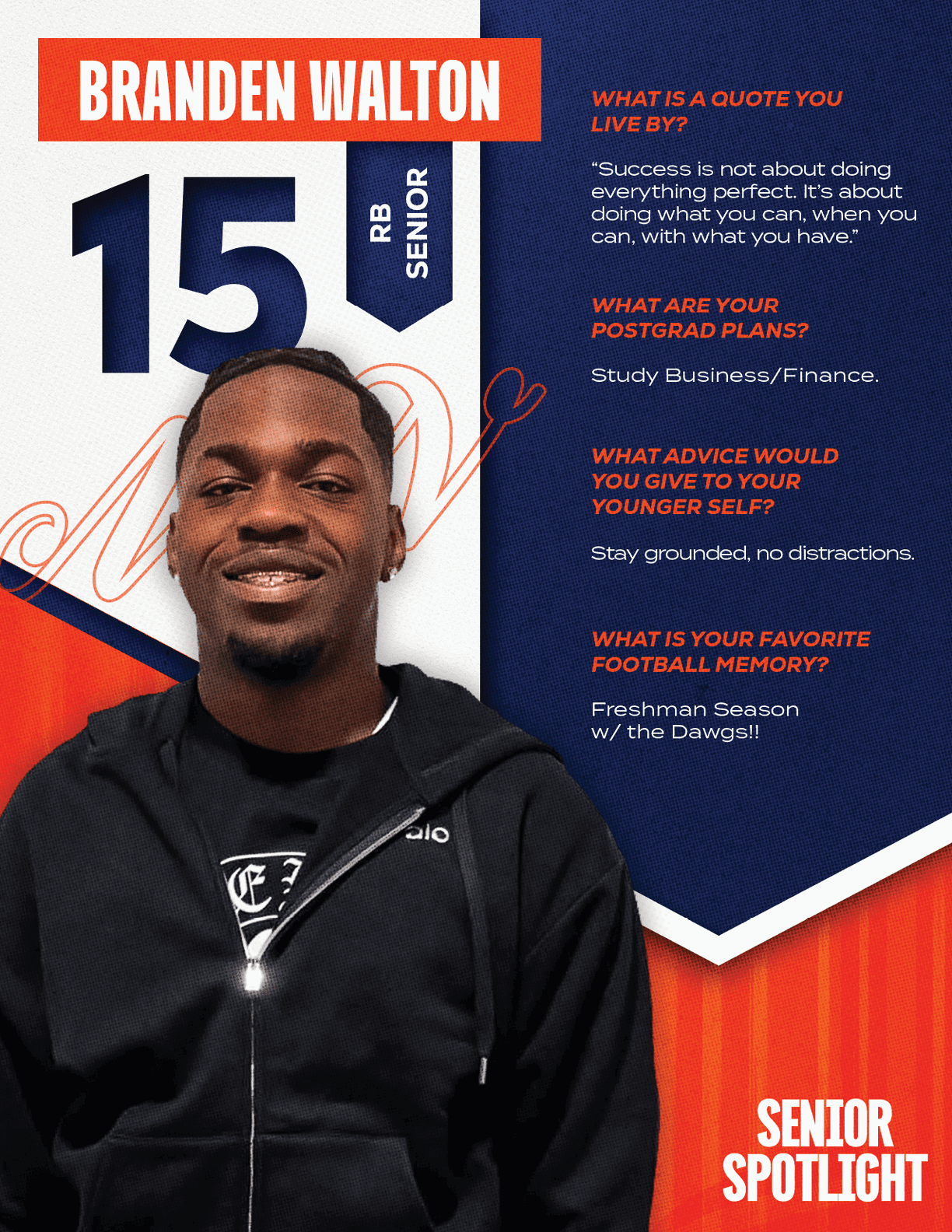 A football player wearing a blue and white jersey with the number 15 on the back. Description generated by AI