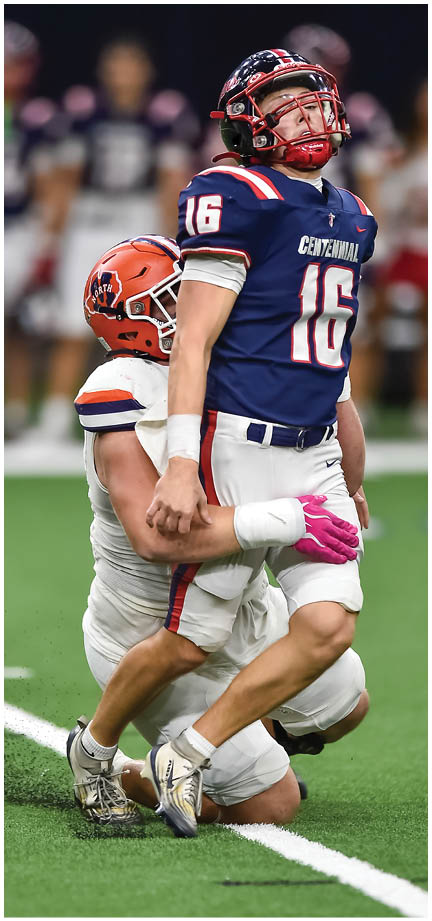 A football player running on the field. Description generated by AI