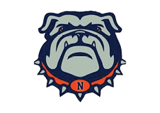 A bulldog mascot with a blue and orange necklace. Description generated by AI