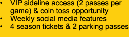 • VIP sideline access (2 passes per game) & coin toss opportunity • Weekly social media features • 4 season tickets &...
