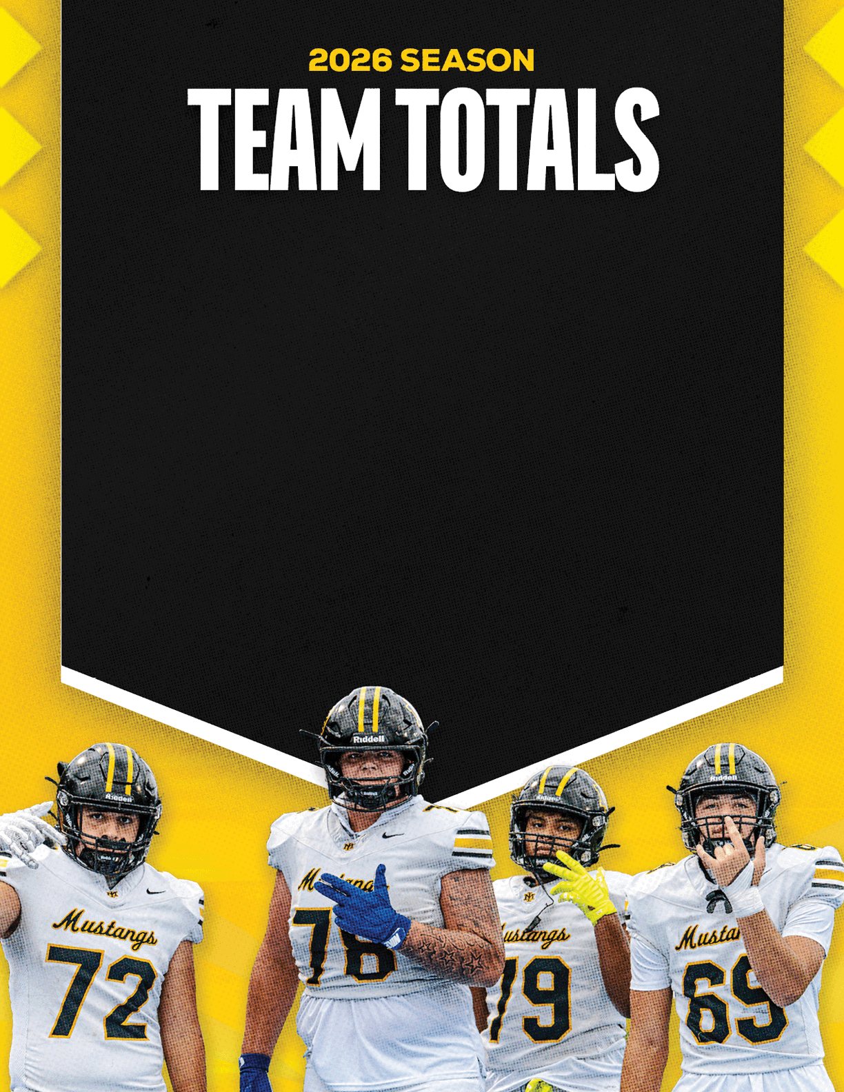 A group of football players standing in front of a black and yellow sign. Description generated by AI