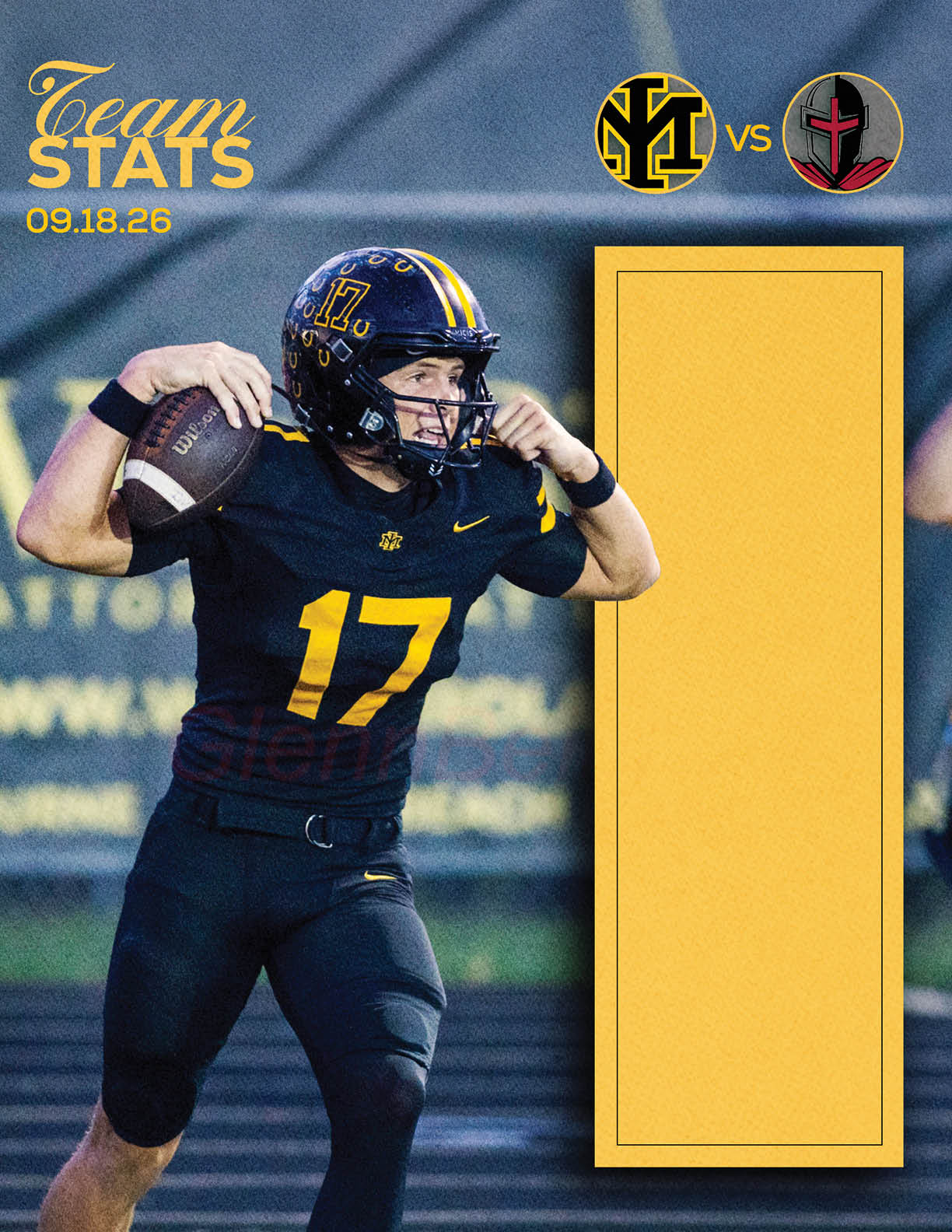 An adult football player wearing a black and yellow uniform with the number 17 is preparing to throw a football on a field with team logos and the date 09.18.26 displayed. Description generated by AI