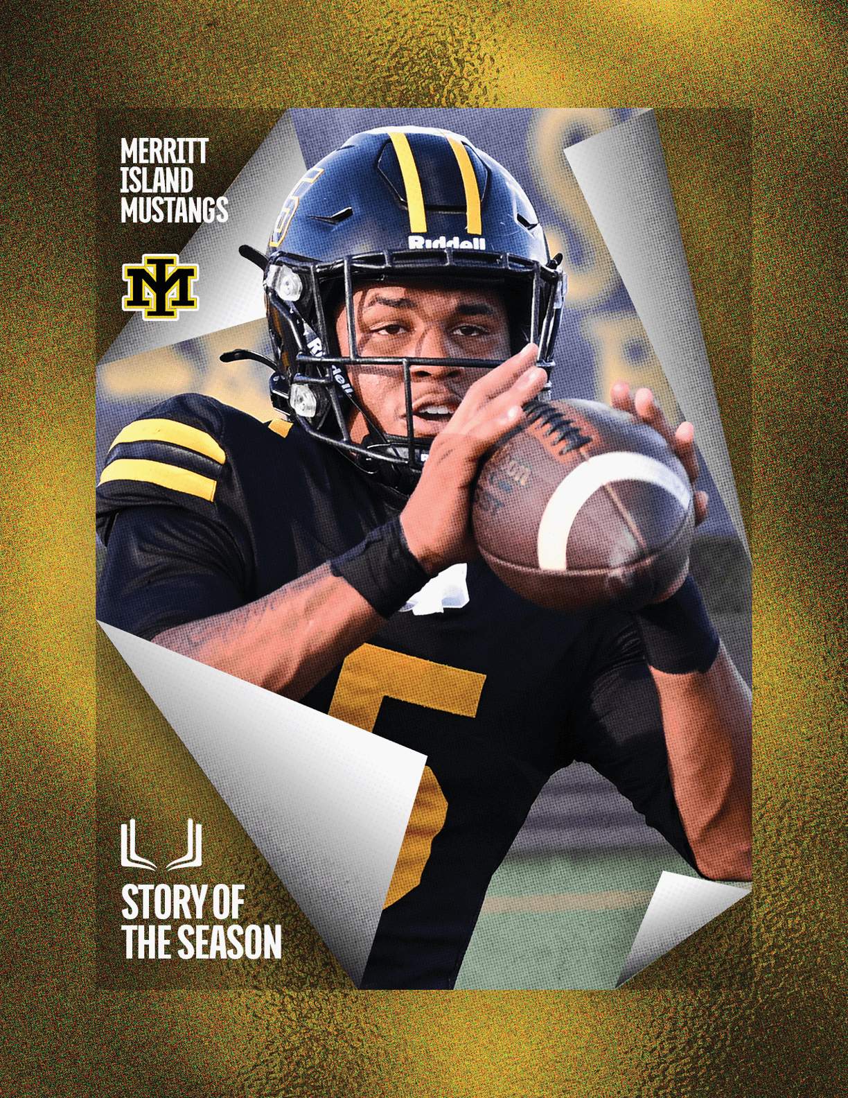 A person wearing a black football uniform with yellow stripes and a helmet is holding a football in a throwing position with text reading Merritt Island Mustangs and Story of the Season. Description generated by AI