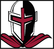 A stylized medieval helmet with a prominent red cross design on the front. Description generated by AI